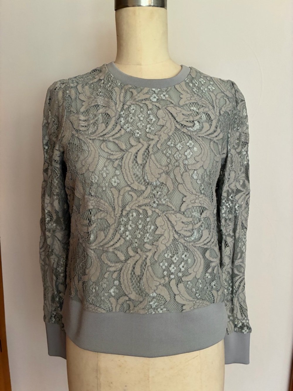 Worthington Grey Lace Overlay Long-Sleeve Sweatshirt Paisley Floral